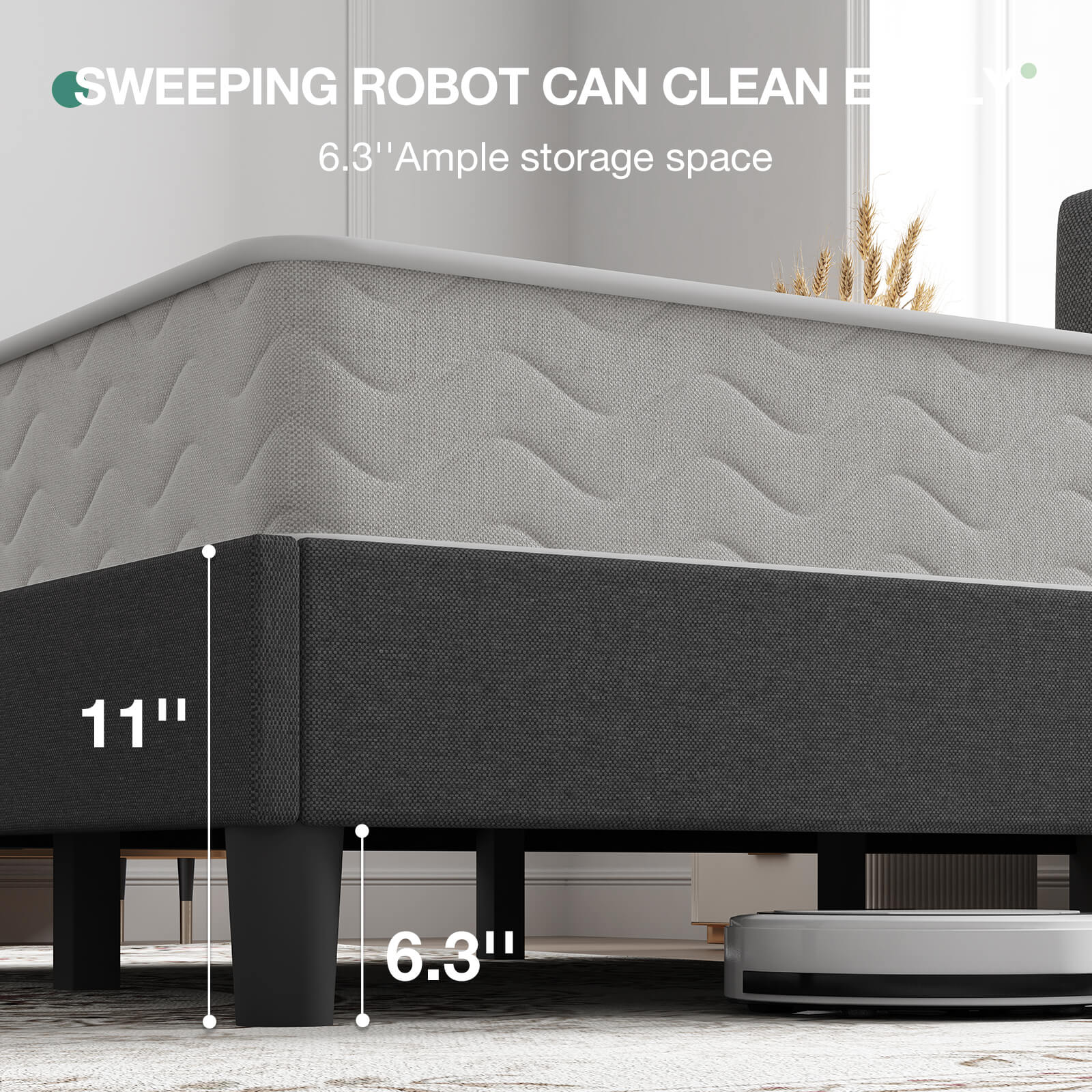 Classic Luxe dark gray bed frame with 11" base height & 6.3" under-bed clearance, showing robot vacuum for cleaning.