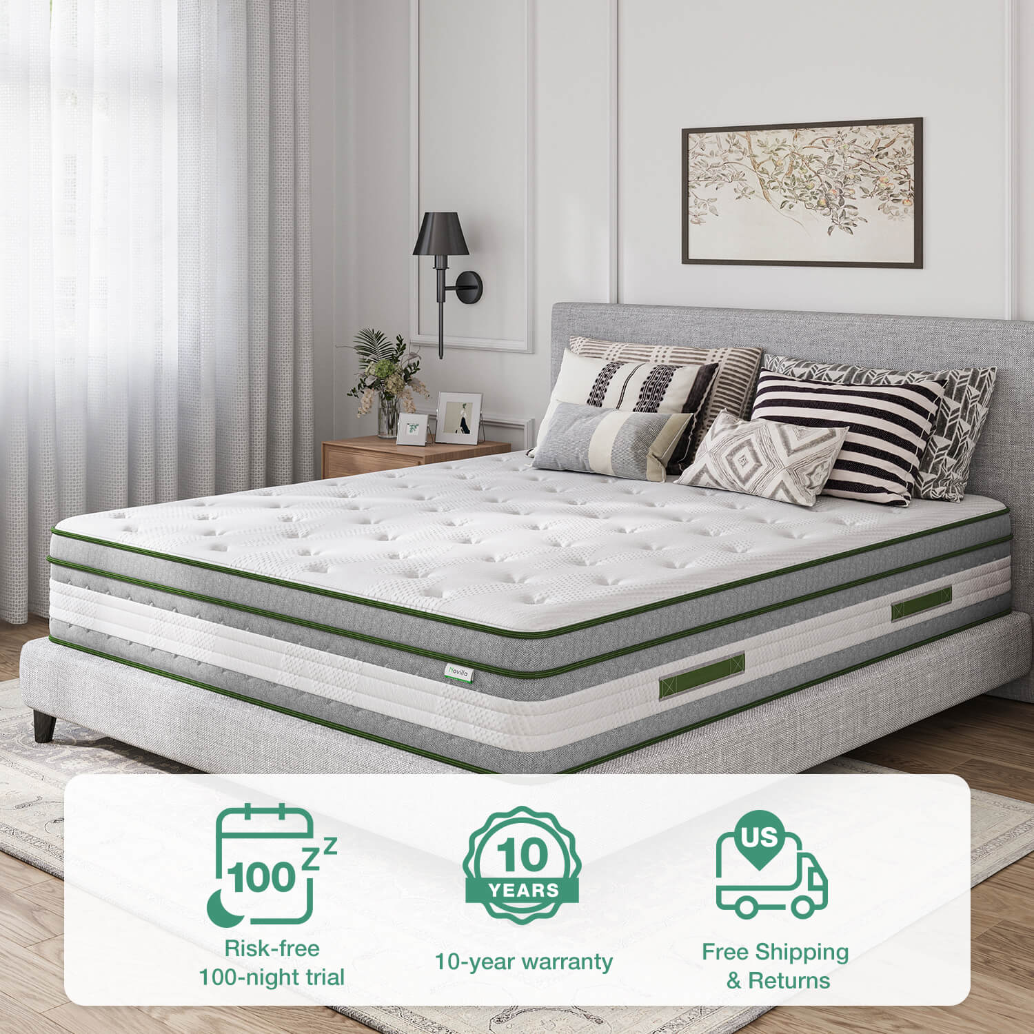 Novilla Vitality 12" hybrid mattress with green trim on grey bed, offering 100-night trial & 10-year warranty.