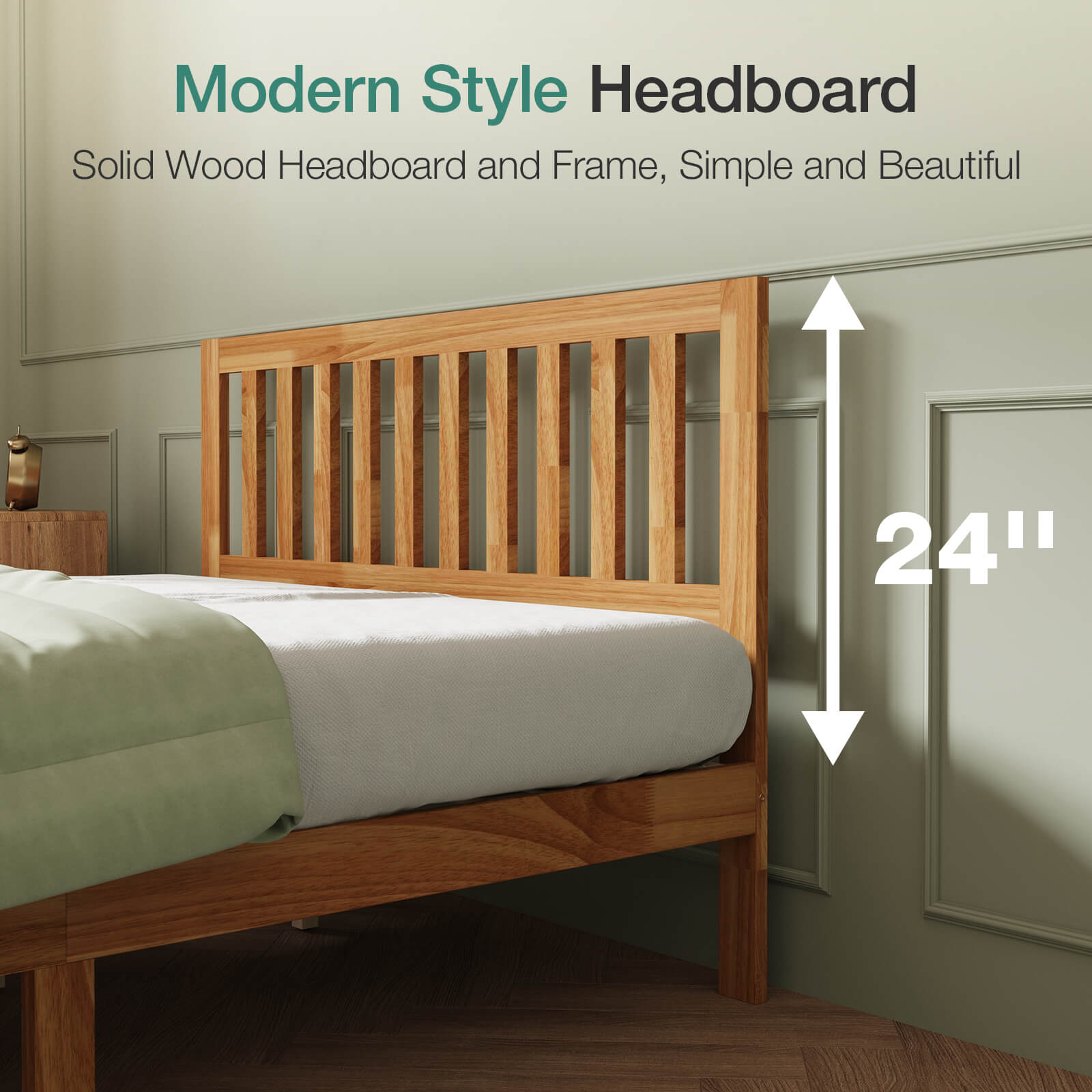 Bliss Classic Bundle modern slatted solid wood headboard, natural light brown, 24 inches high.