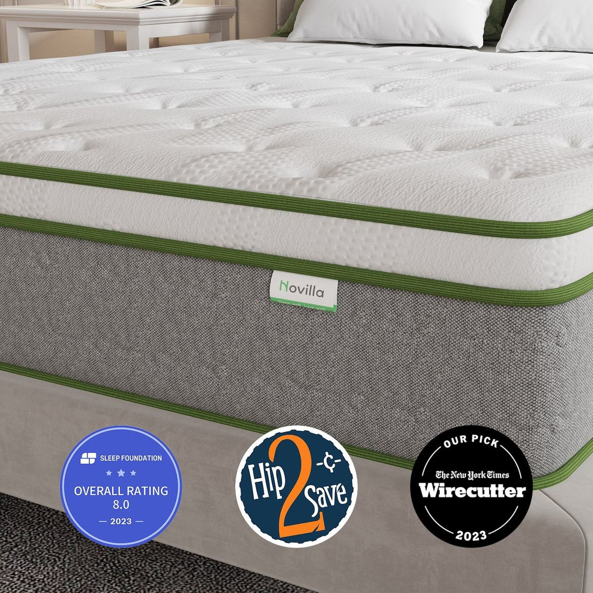 Novilla 10" Serenity Hybrid Mattress with 8.0 Sleep Foundation rating and Wirecutter award.