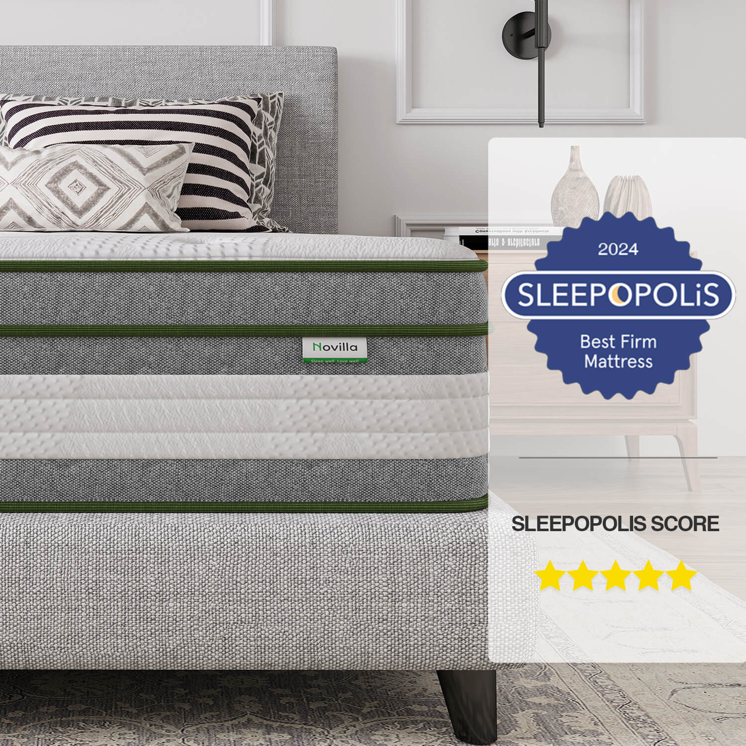 Novilla Vitality 12" mattress, Sleepopolis Best Firm Mattress award, 5-star rating, white quilted top.
