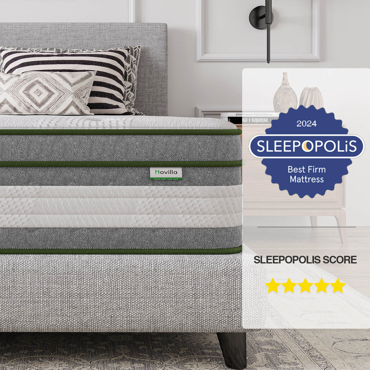 Novilla Vitality 12" mattress, Sleepopolis Best Firm Mattress award, 5-star rating, white quilted top.