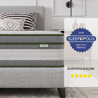 Novilla Vitality 12" mattress, Sleepopolis Best Firm Mattress award, 5-star rating, white quilted top.