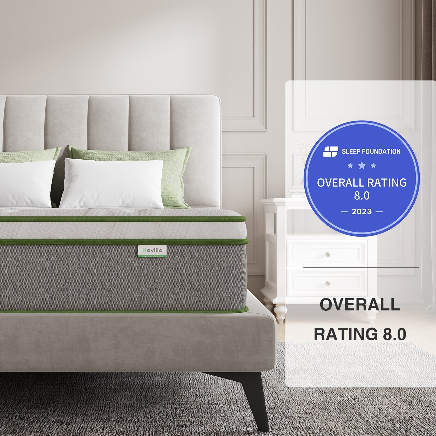 Novilla 10" Serenity Hybrid Mattress with 8.0 Sleep Foundation rating on bed with pillows.