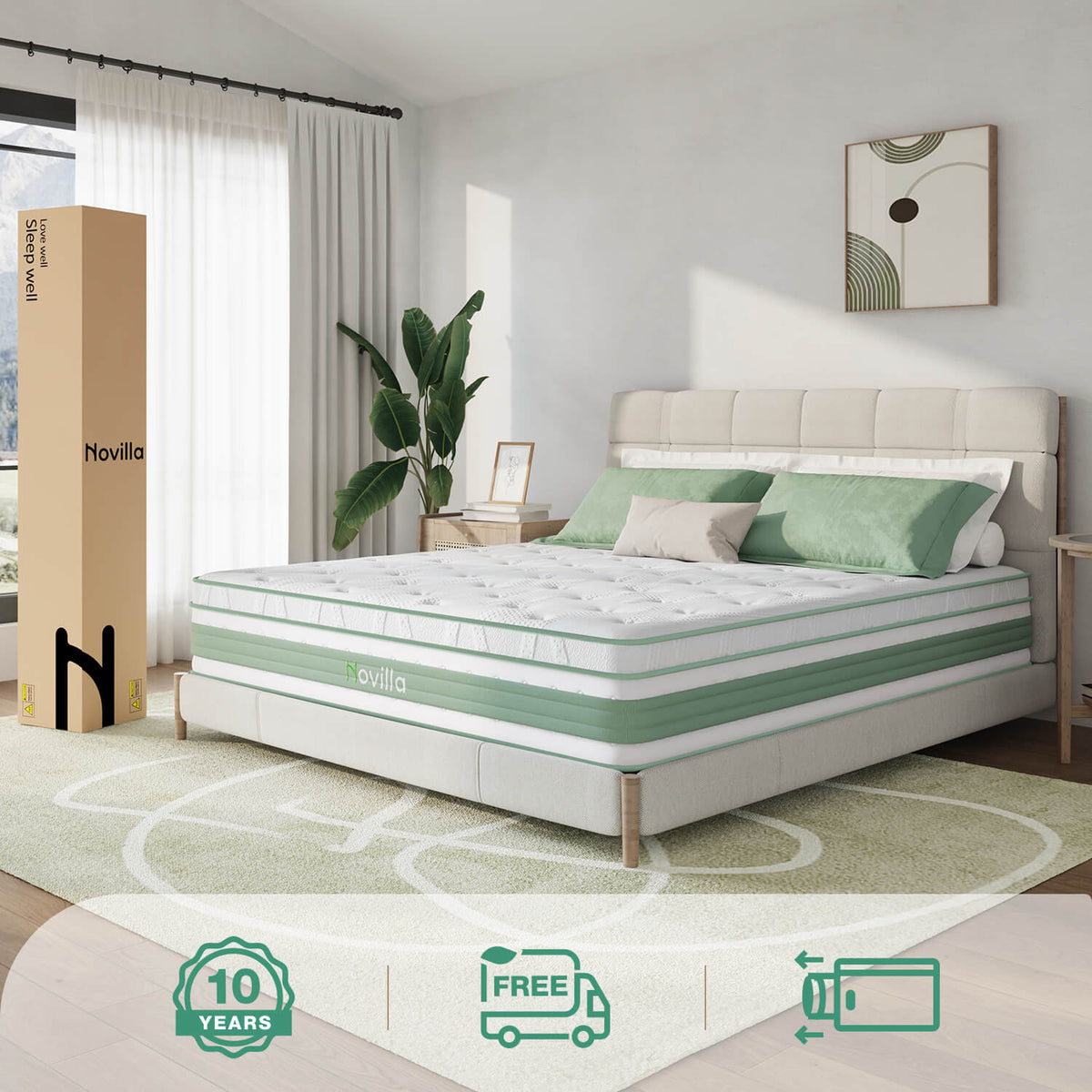 Novilla Buoyant Hybrid Mattress on bed with green pillows, box packaging, and 10-year warranty, free delivery icons.