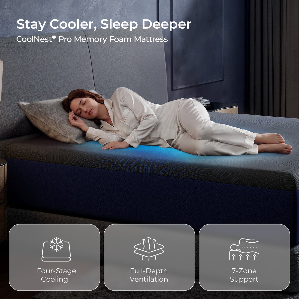 Woman sleeping on the CoolNest Pro memory foam mattress with four-stage cooling, full-depth ventilation and 7-zone support #Thickness_12,14,16