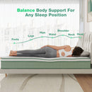 Oasis hybrid mattress: Balanced body support for all sleep positions. Illustrates support for feet, legs, hips, waist, shoulder, neck, head.
