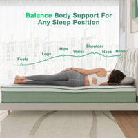 Oasis hybrid mattress: Balanced body support for all sleep positions. Illustrates support for feet, legs, hips, waist, shoulder, neck, head.