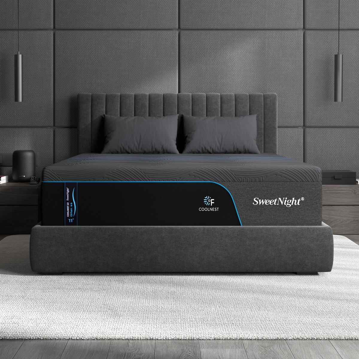 SweetNight CoolNest Ultra memory foam mattress on a gray upholstered bed in a modern bedroom #Thickness_12,14