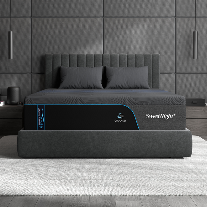 SweetNight CoolNest Ultra memory foam mattress on a gray upholstered bed in a modern bedroom #Thickness_12,14