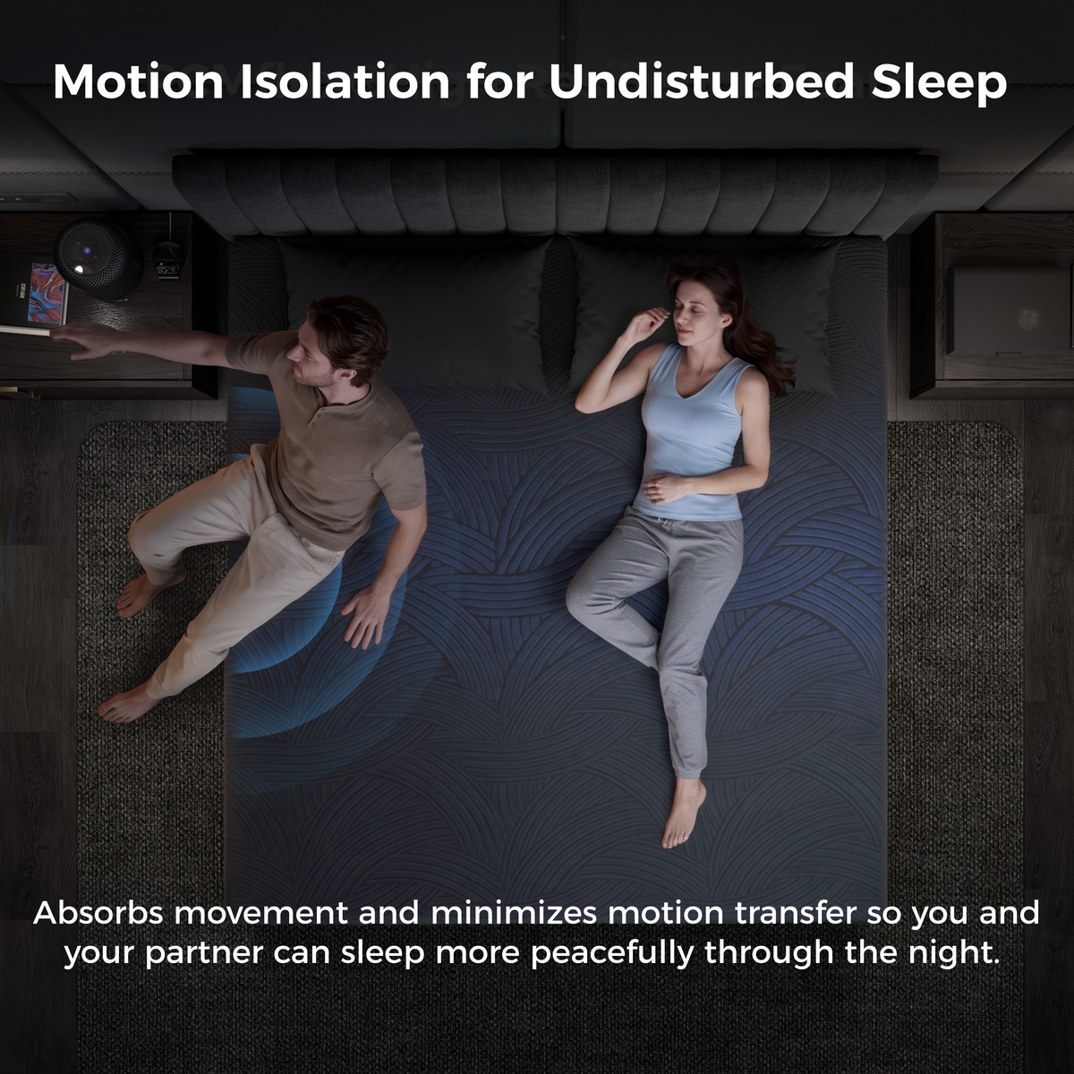 Overhead view of a couple on the CoolNest Ultra mattress showing motion isolation for undisturbed sleep #Thickness_12,14