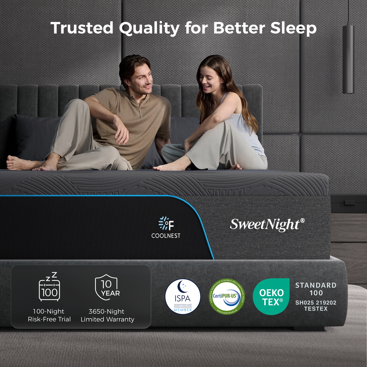 Couple sitting on the CoolNest Ultra mattress with 100-night risk-free trial and 10-year limited warranty certification badges #Thickness_12,14