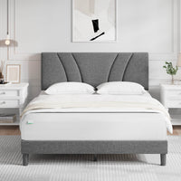 Classic Luxe grey upholstered bed frame with adjustable segmented headboard and white bedding in a modern bedroom.