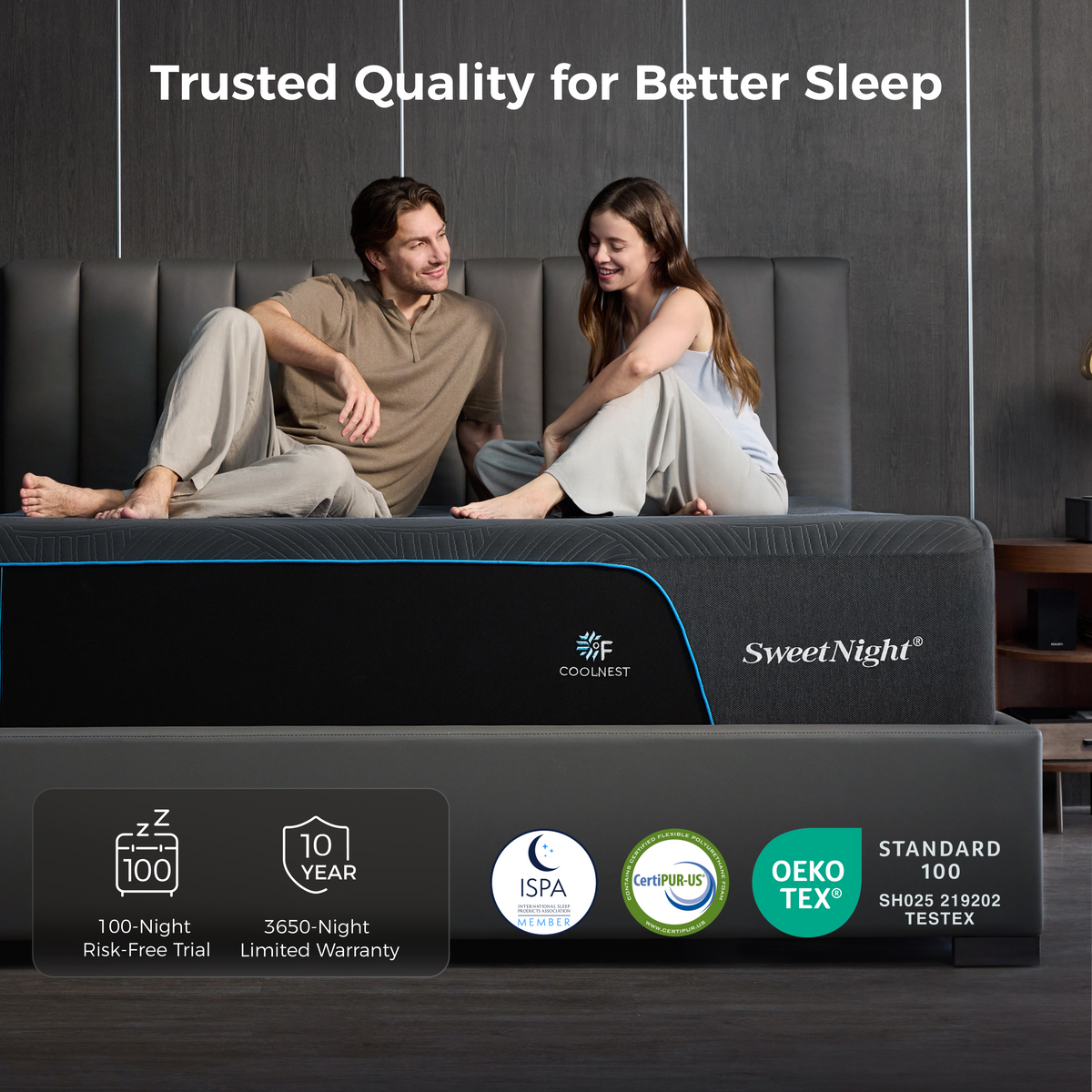 Couple sitting on the 16 inch CoolNest Ultra mattress with 100-night trial, 10-year warranty, ISPA, CertiPUR-US and OEKO-TEX badges #Thickness_16