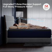 Side sleeper on the CoolNest Pro mattress showing upgraded 7-zone precision support and full-body pressure relief #Thickness_12,14,16