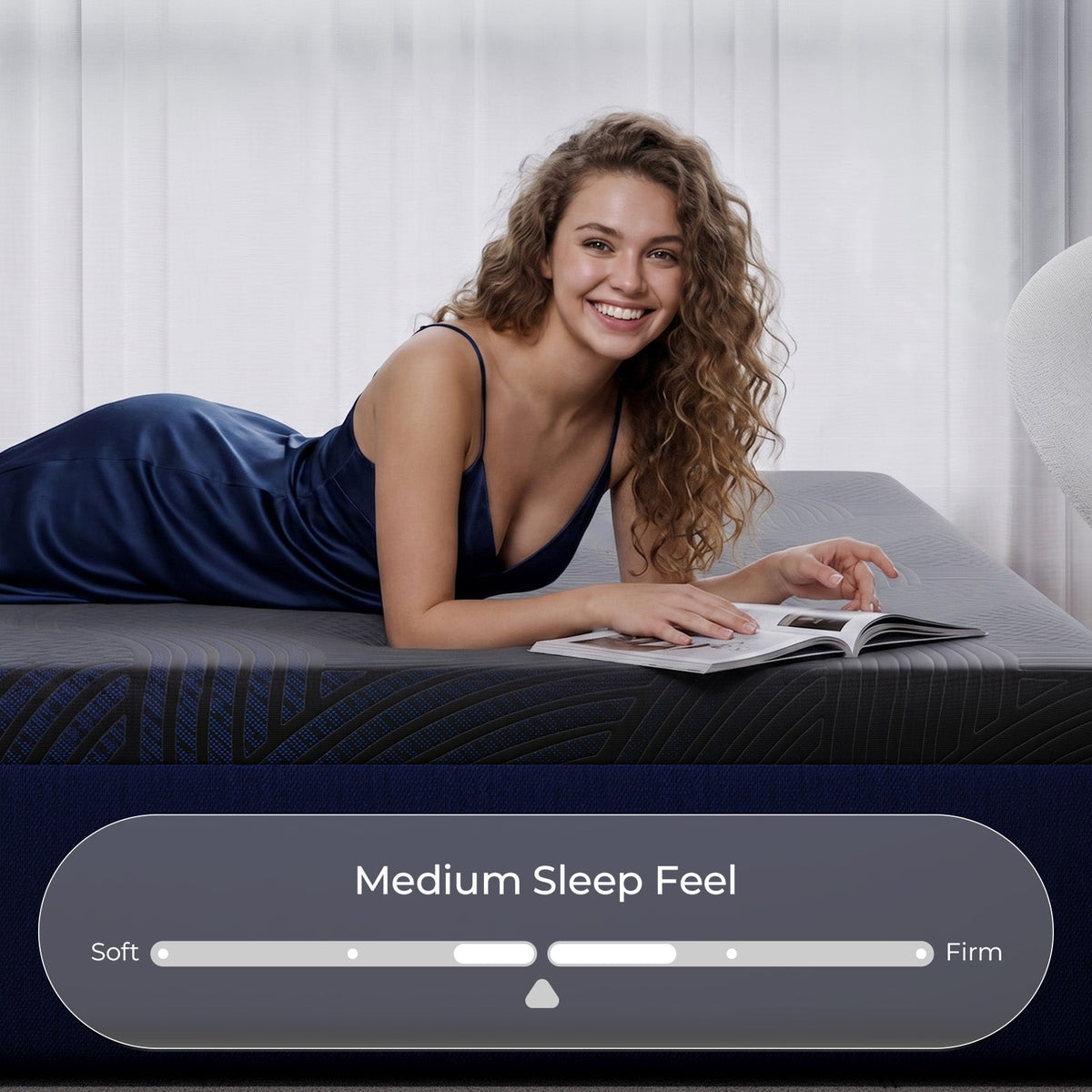 Woman reading on the CoolNest Pro memory foam mattress with a medium sleep feel firmness scale #Thickness_12,14,16