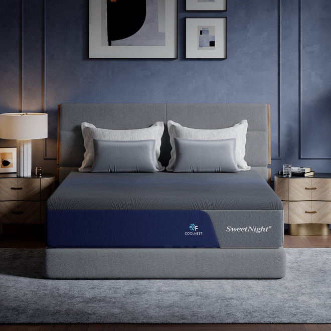 SweetNight CoolNest Pro memory foam mattress on a gray bed in a navy blue bedroom #Thickness_12,14,16