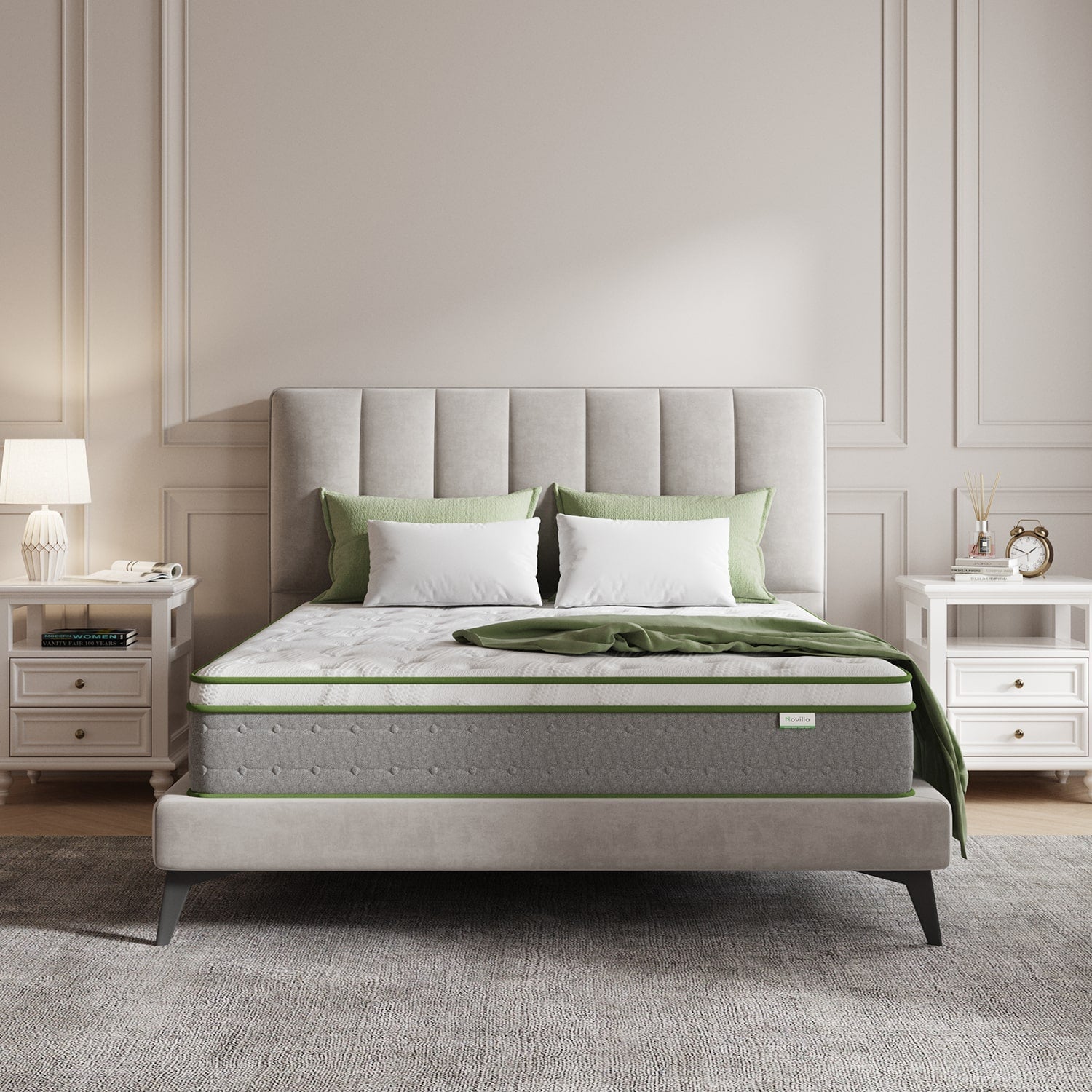 Novilla 10" Serenity Hybrid Mattress on bed with green throw and pillows.
