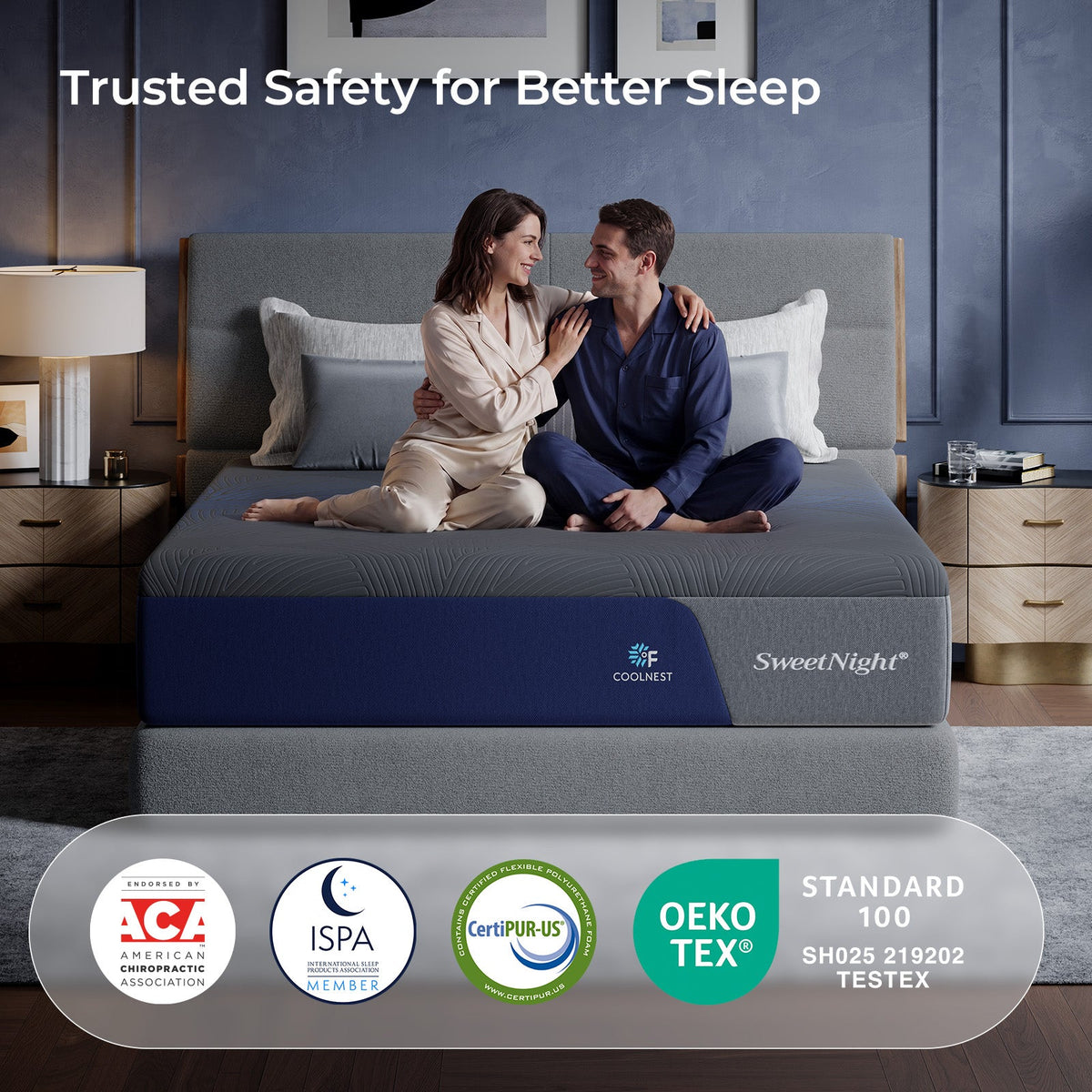 Couple sitting on the CoolNest Pro mattress with ACA, ISPA, CertiPUR-US and OEKO-TEX safety certification badges #Thickness_12,14,16