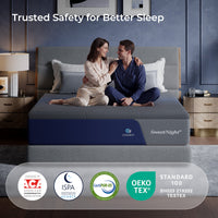 Couple sitting on the CoolNest Pro mattress with ACA, ISPA, CertiPUR-US and OEKO-TEX safety certification badges #Thickness_12,14,16