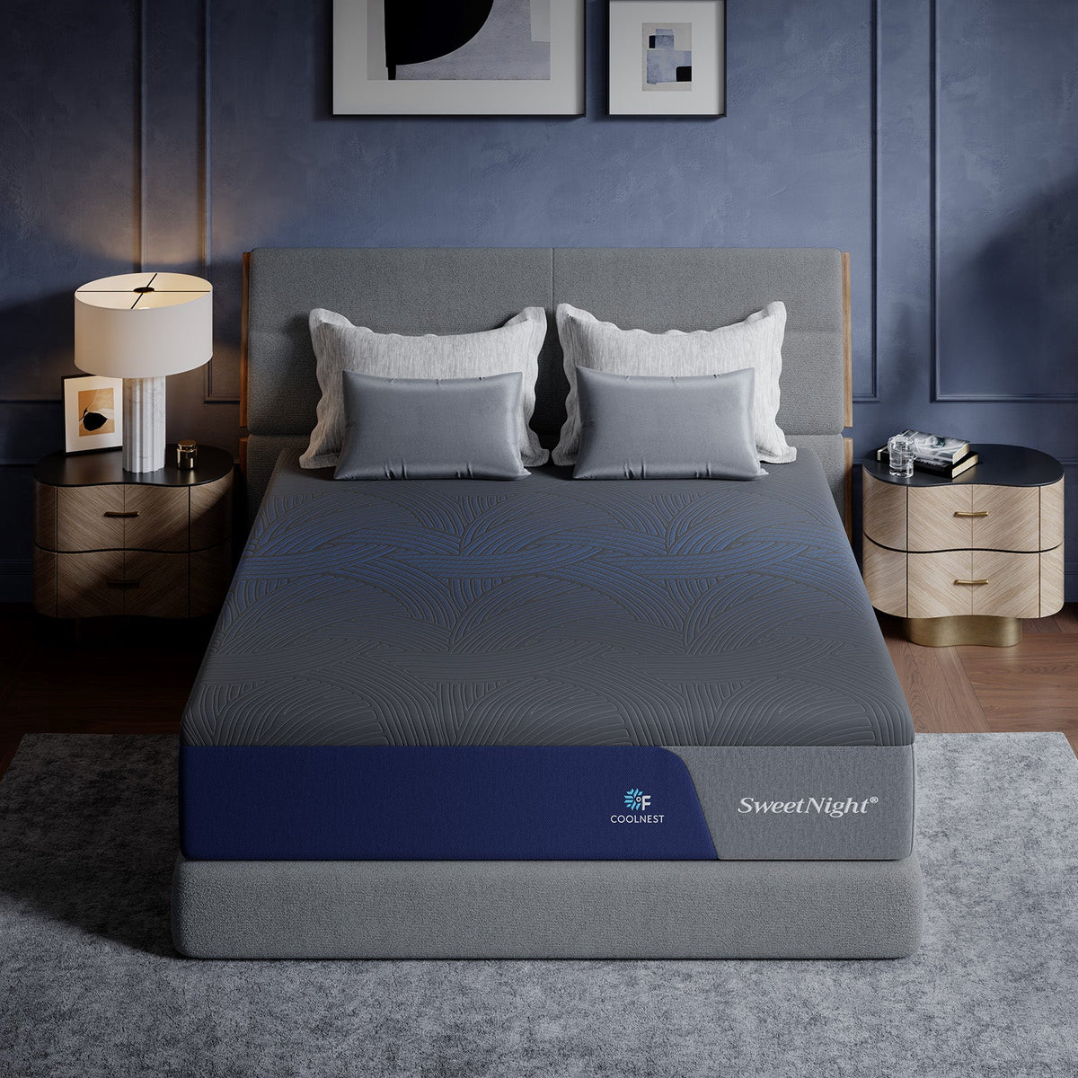 Front view of the CoolNest Pro memory foam mattress with gray bedding in a navy blue bedroom #Thickness_12,14,16