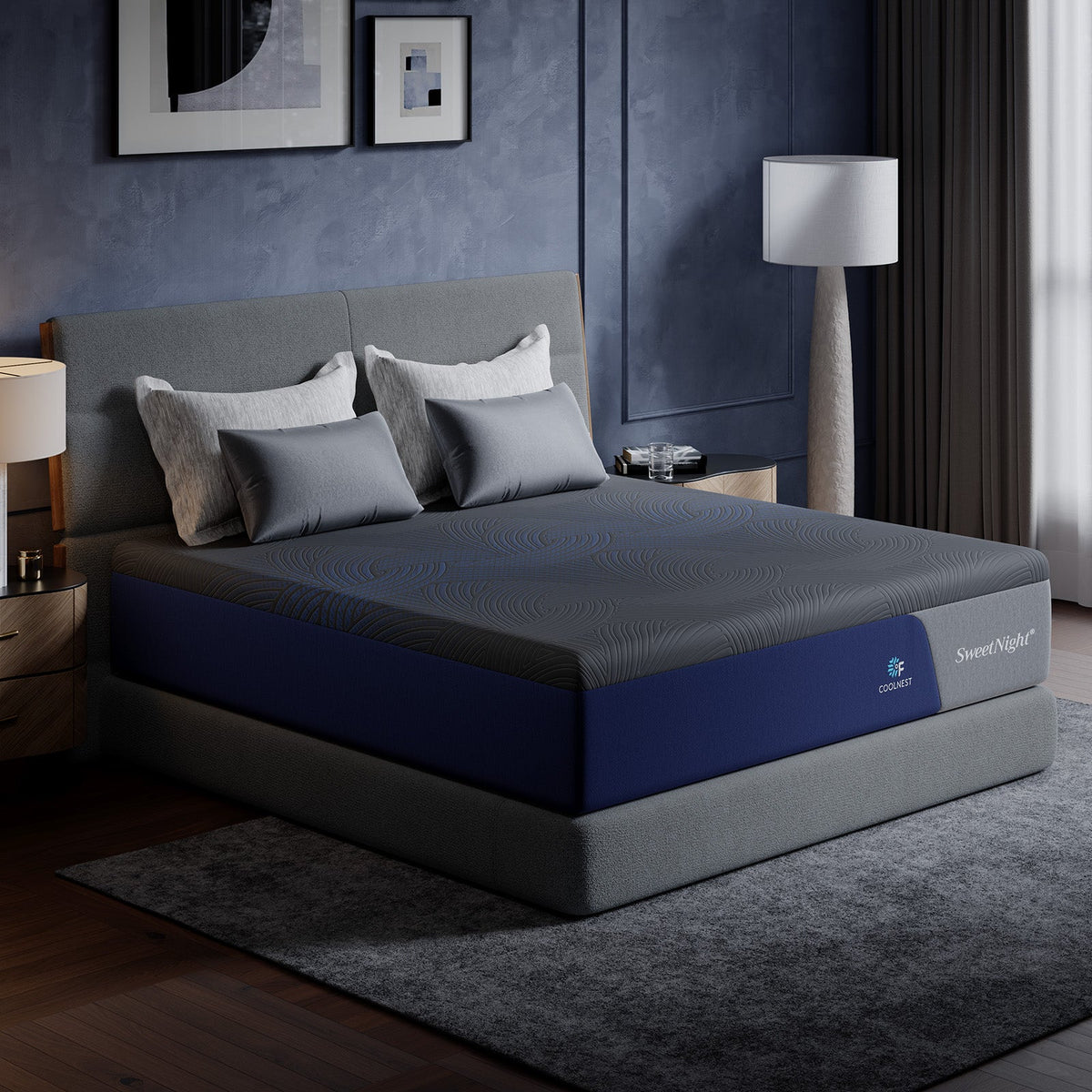 CoolNest Pro memory foam mattress on a gray foundation beside a floor lamp in a modern bedroom #Thickness_12,14,16