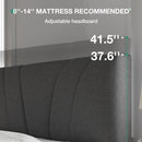Close-up of dark gray upholstered headboard showing adjustable height for 8-14" mattress compatibility.
