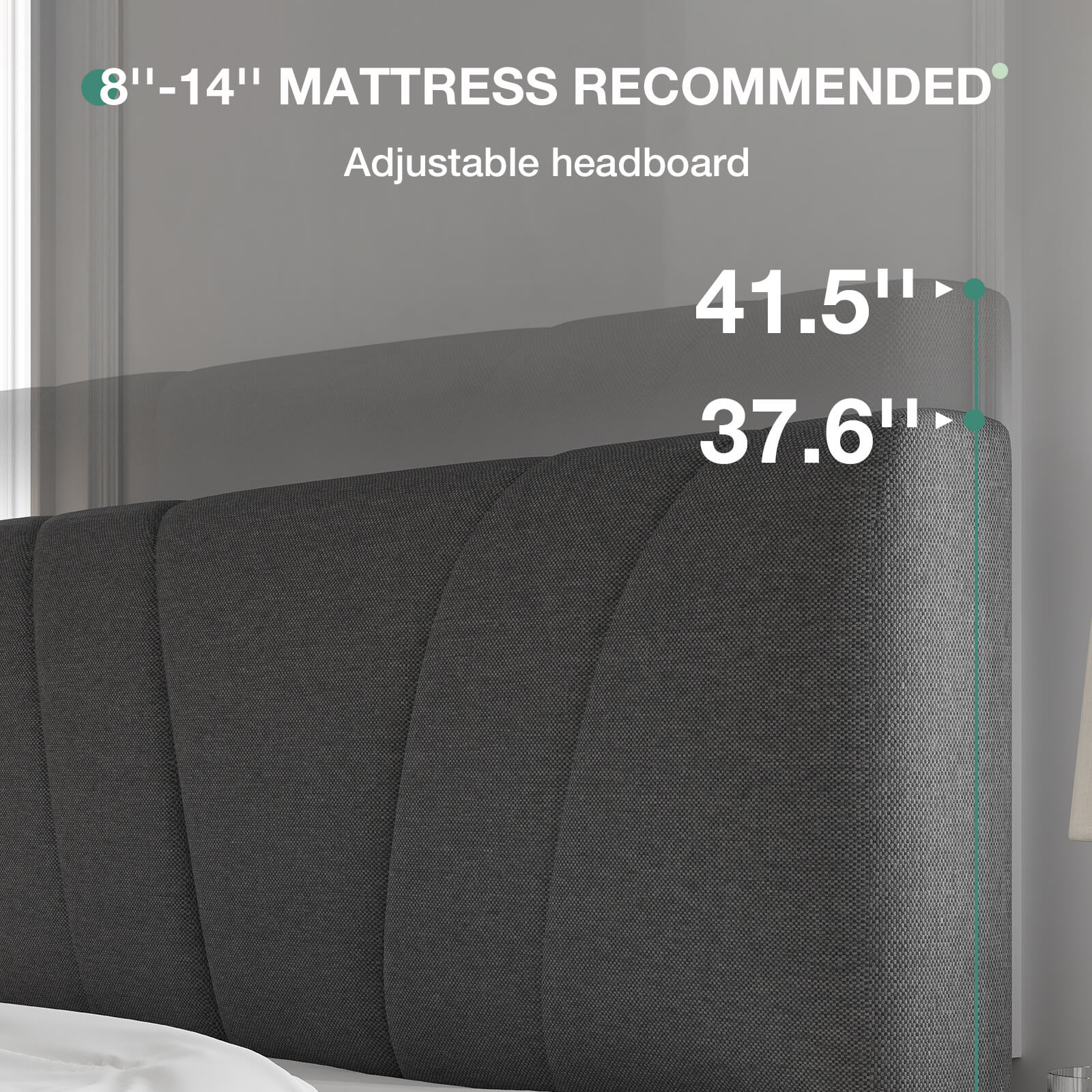 Close-up of dark gray upholstered headboard showing adjustable height for 8-14" mattress compatibility.