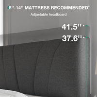 Close-up of dark gray upholstered headboard showing adjustable height for 8-14" mattress compatibility.