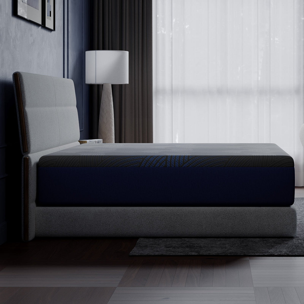 Side profile of the CoolNest Pro memory foam mattress showing its navy and gray cover #Thickness_12,14,16