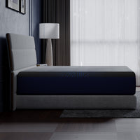 Side profile of the CoolNest Pro memory foam mattress showing its navy and gray cover #Thickness_12,14,16