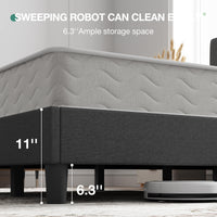 Classic Luxe dark gray bed frame with 11" base height & 6.3" under-bed clearance, showing robot vacuum for cleaning.
