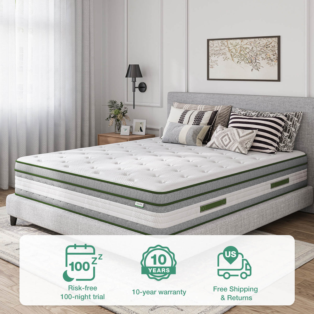 Novilla Vitality 12" hybrid mattress with green trim on grey bed, offering 100-night trial & 10-year warranty.