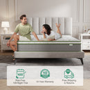 Couple on Novilla 10" Serenity Hybrid Mattress. Grey/white with green trim. Trial, warranty, free shipping icons.