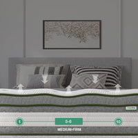 Novilla Vitality 12-inch hybrid mattress cutaway showing medium-firm (5-6/10) support and airflow, with green trim.