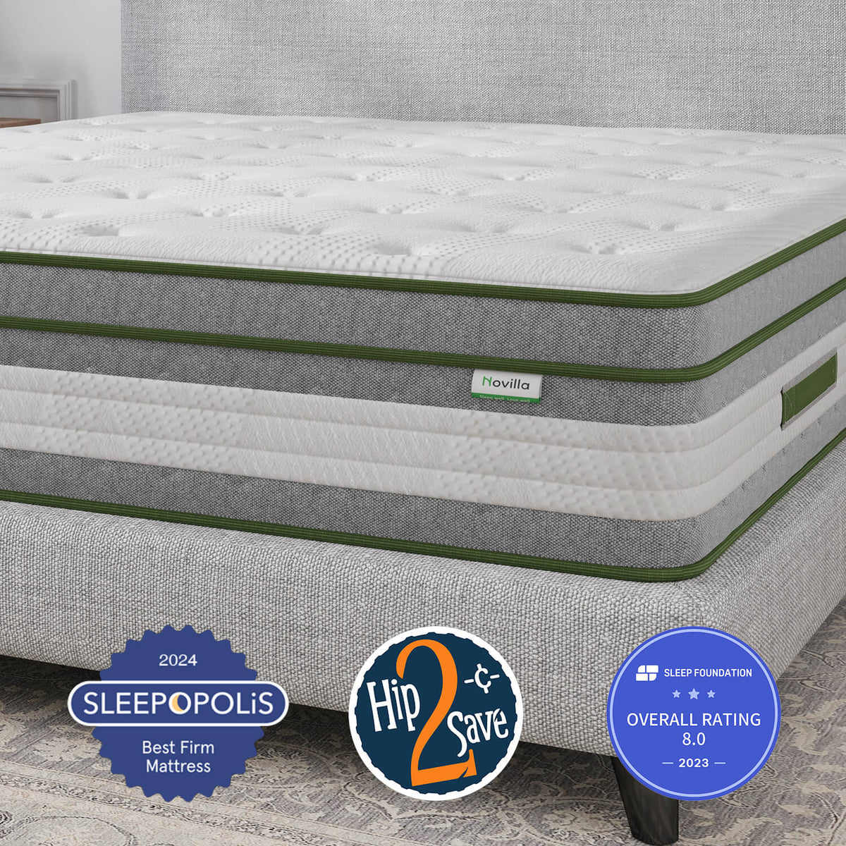 Novilla Vitality 12" hybrid mattress on grey frame with Sleepopolis & Sleep Foundation awards.