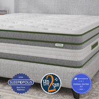 Novilla Vitality 12" hybrid mattress on grey frame with Sleepopolis & Sleep Foundation awards.